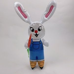Vintage Inflatable blow up white Easter Bunny Blue Overalls Carrot Holiday